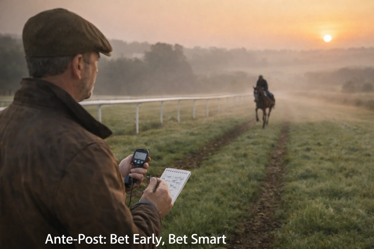 Trainer watching a horse work on the gallops at dawn weeks before a major UK race meeting