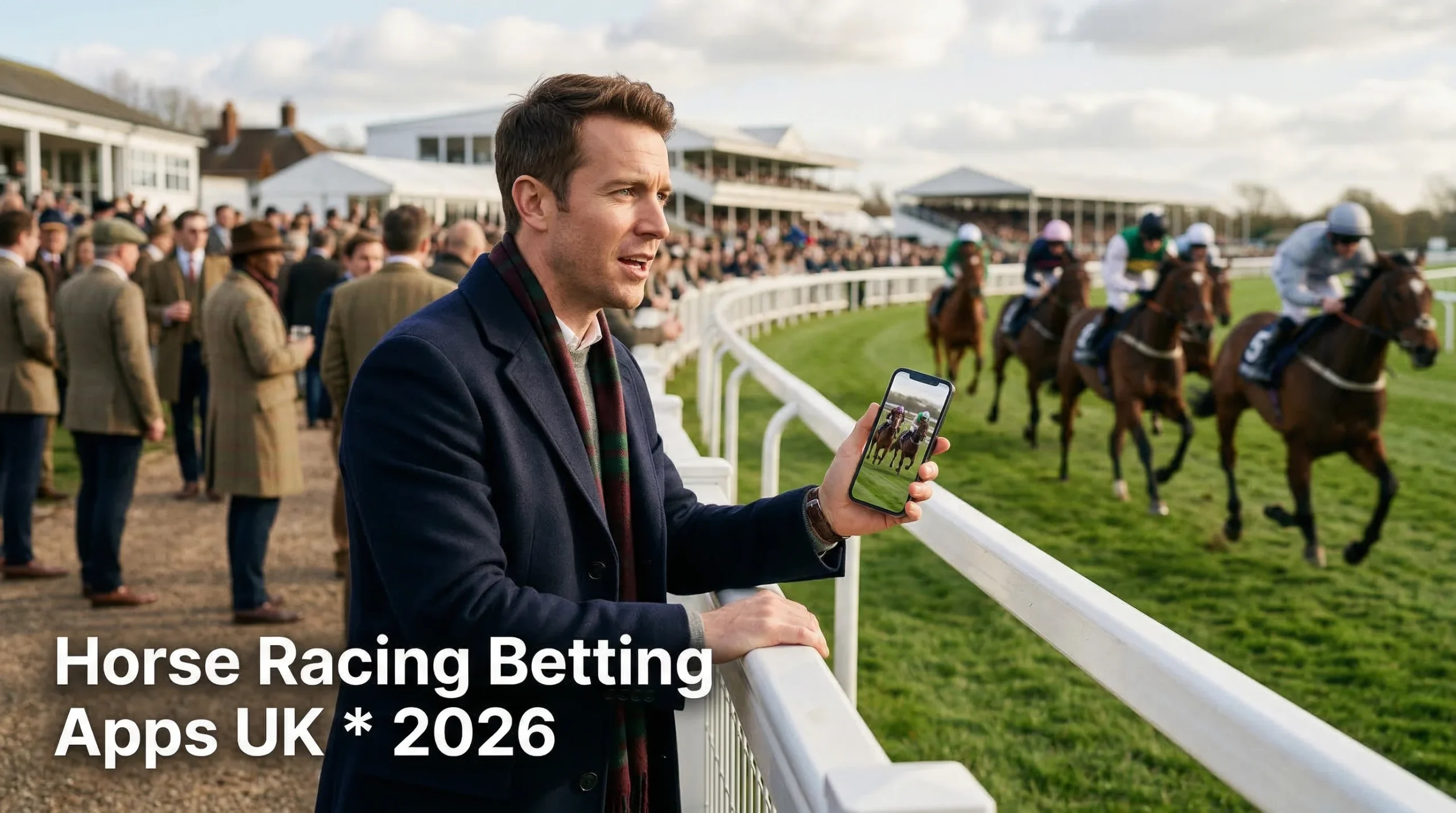 Man watching live horse racing on a smartphone at the racecourse, excited crowd in background