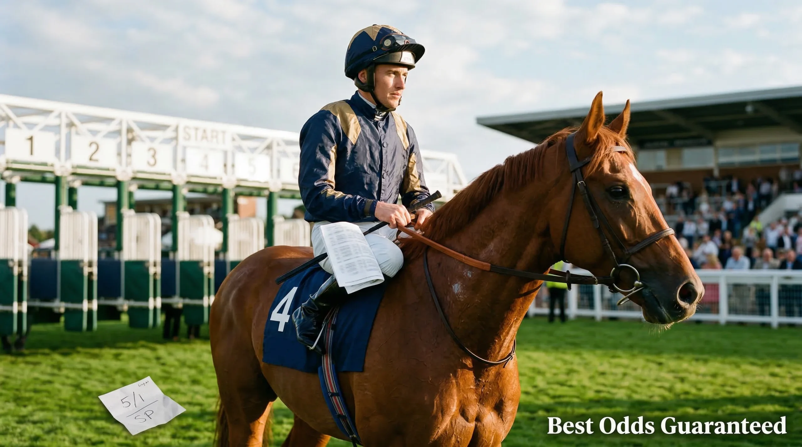 Jockey on horseback at the start of a horse race, race card in hand, UK bookmaker odds displayed