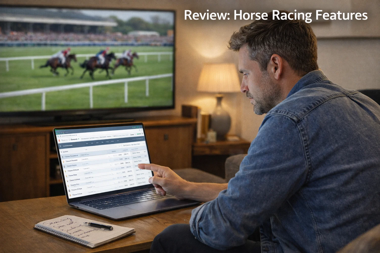 Punter placing an online horse racing bet on a laptop at home with a race meeting on TV in the background