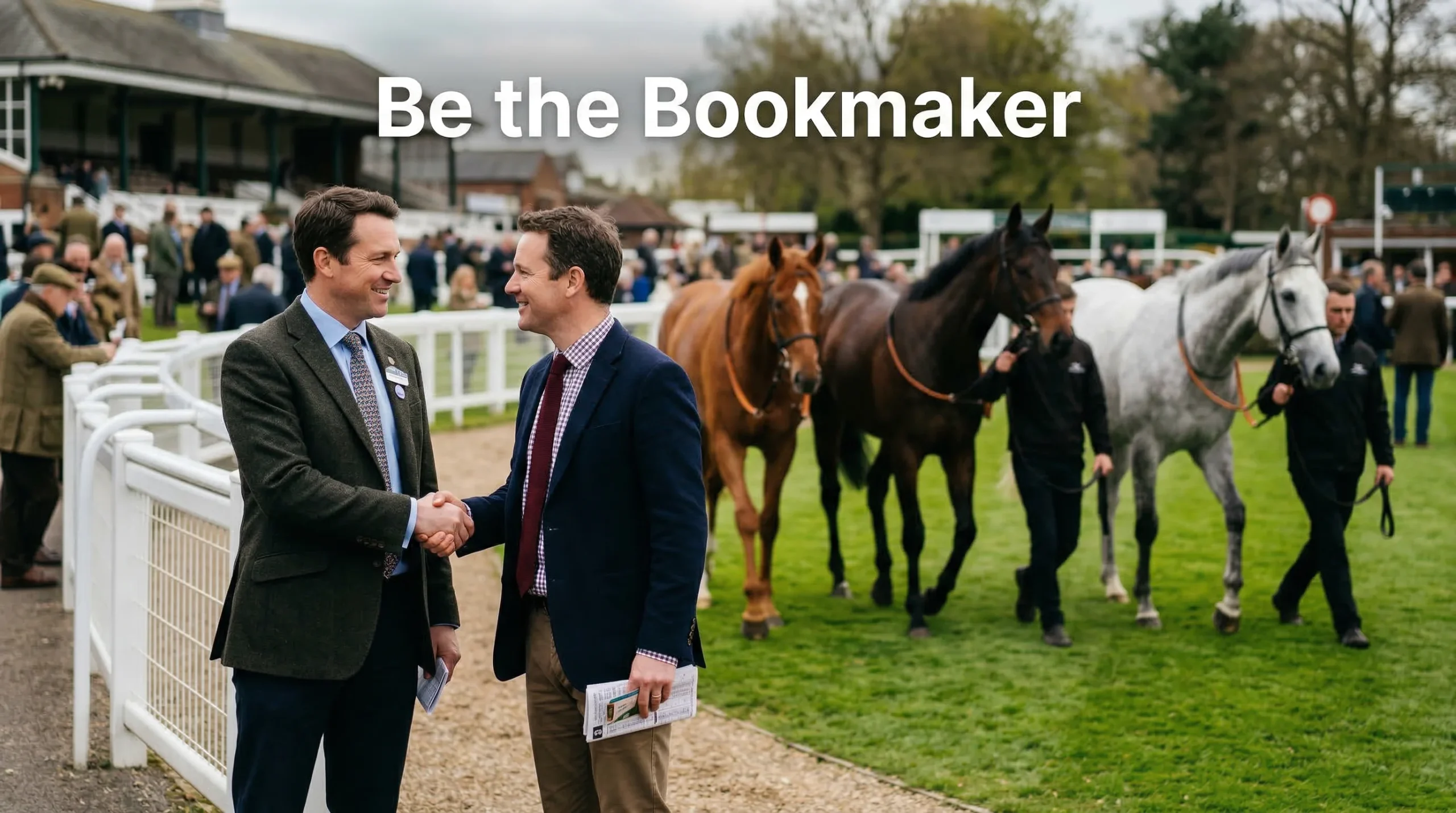 Two punters at a racecourse exchanging a friendly handshake as horses parade in the paddock behind them