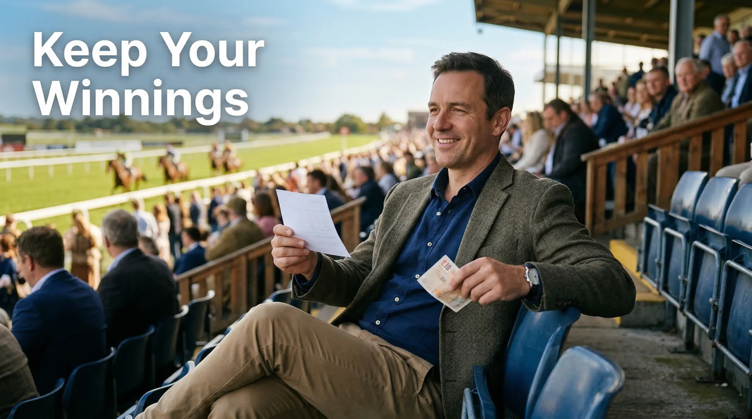 Relaxed punter counting his winnings at a racecourse with a satisfied expression, no tax deducted