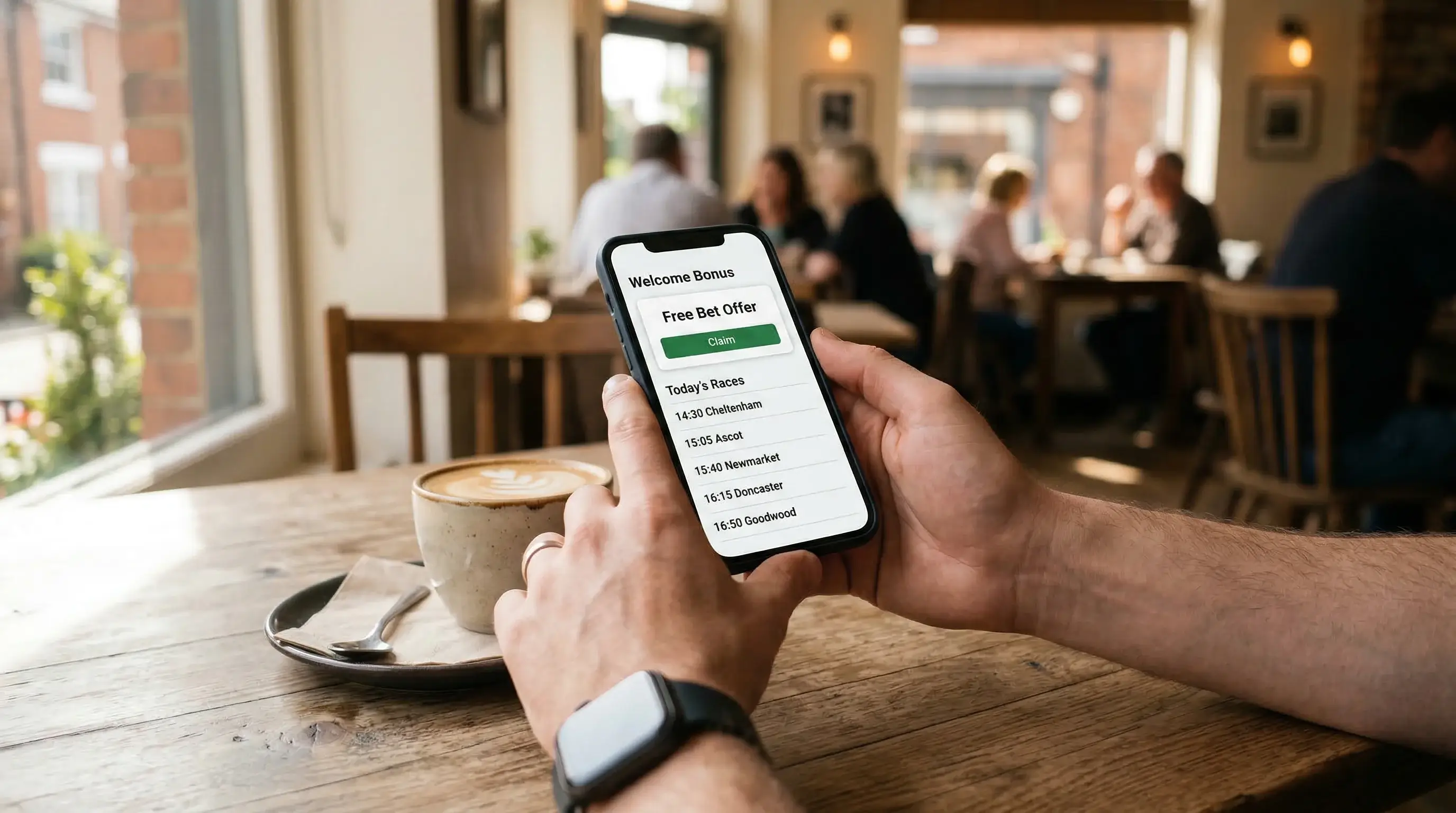 Person using smartphone to claim betting welcome bonus on racing app