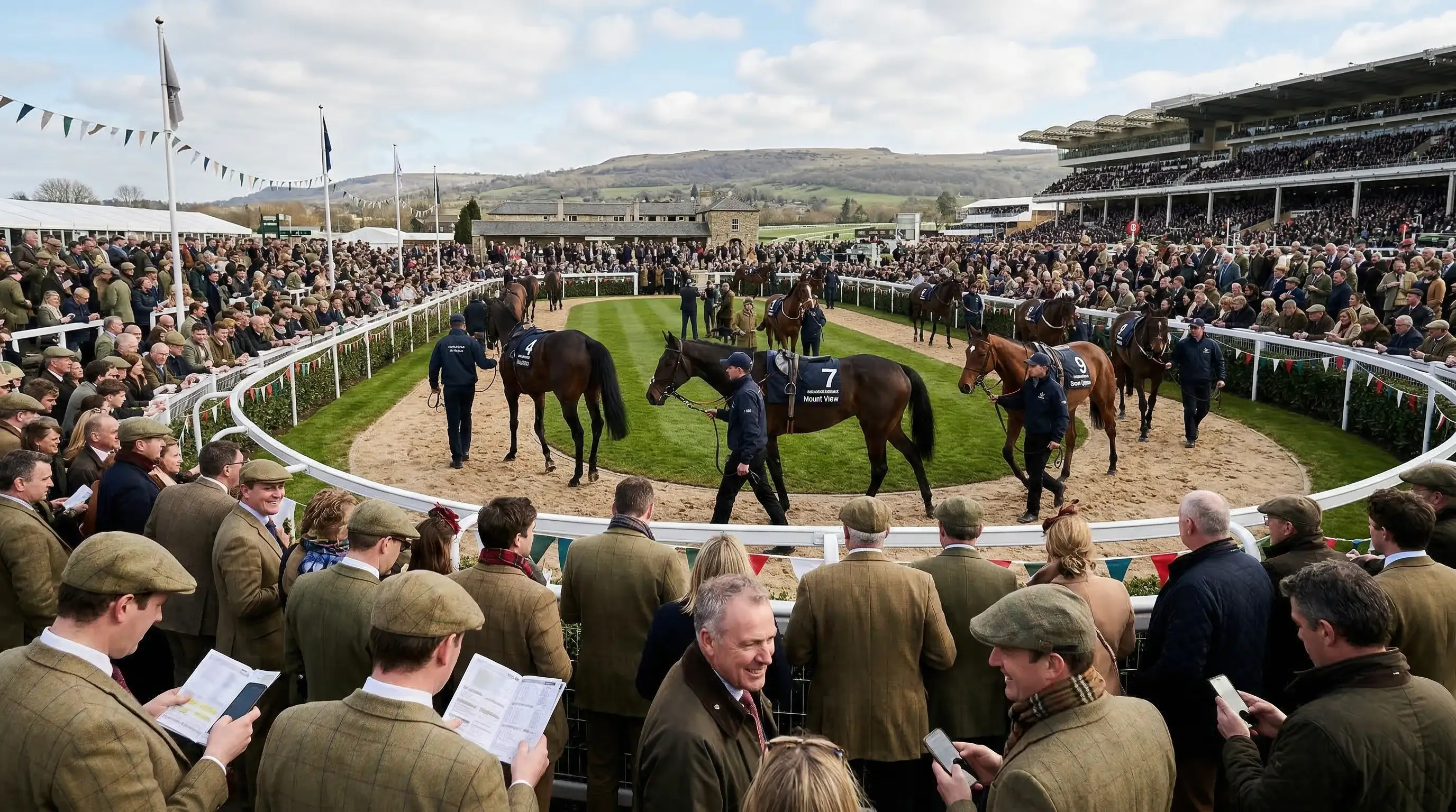 Crowds gathered at Cheltenham Festival racecourse watching horses parade