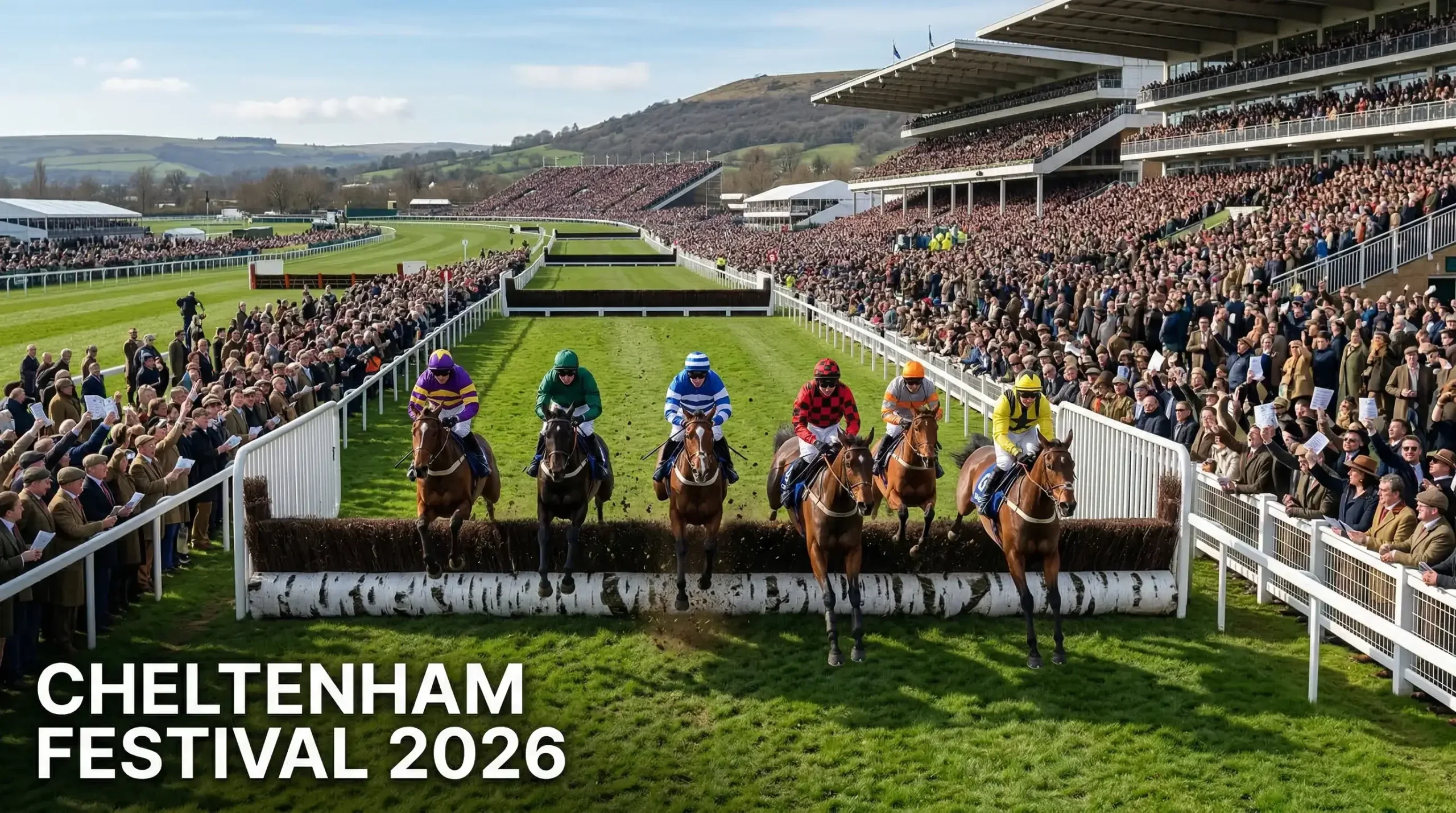 Cheltenham Festival racecourse packed with crowds on Gold Cup day, horses racing over fences