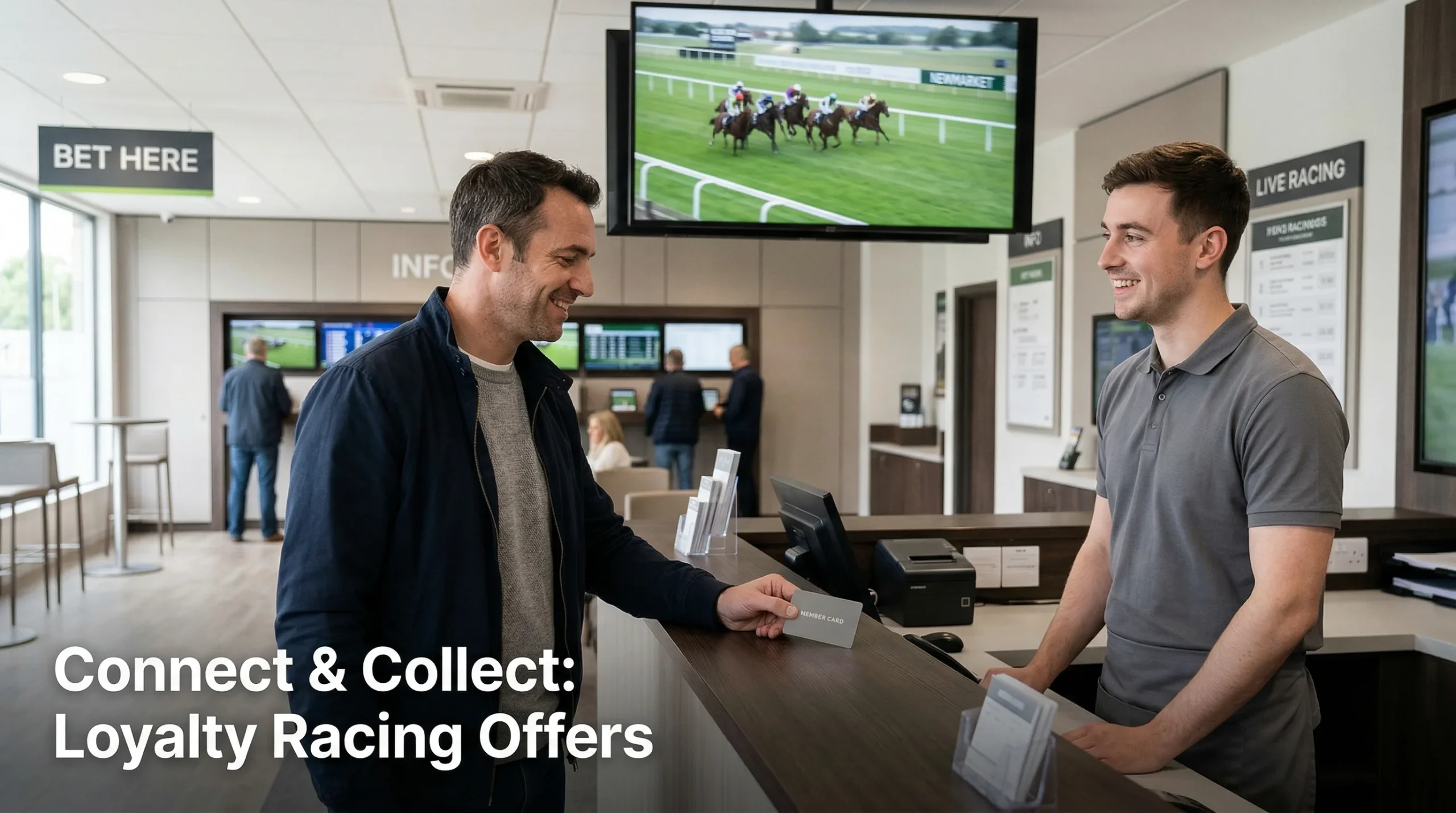Bettor using a loyalty card at a UK bookmaker counter while a horse race plays on the overhead screen