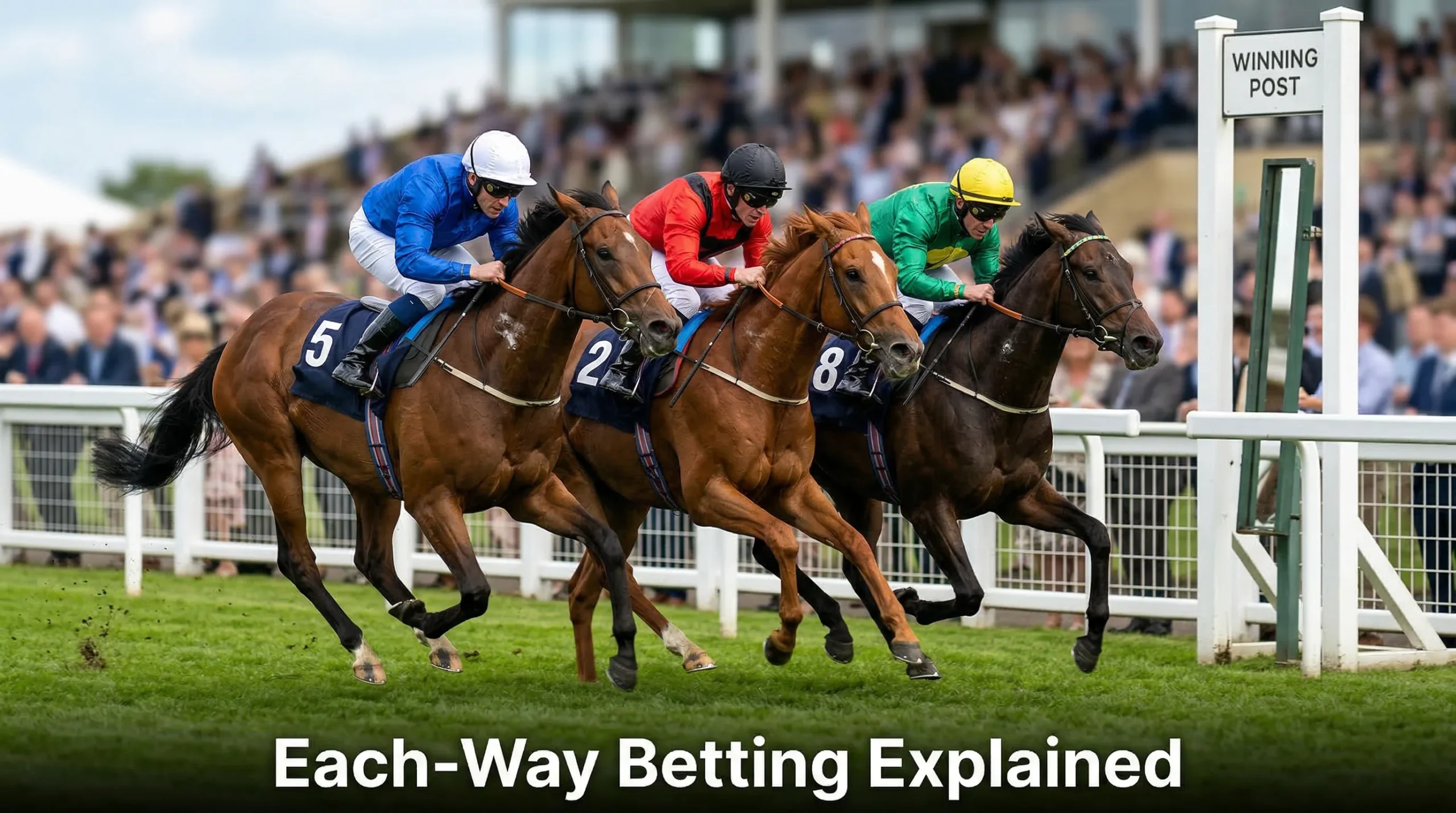 Tight horse racing photo finish, three horses neck and neck approaching the winning post