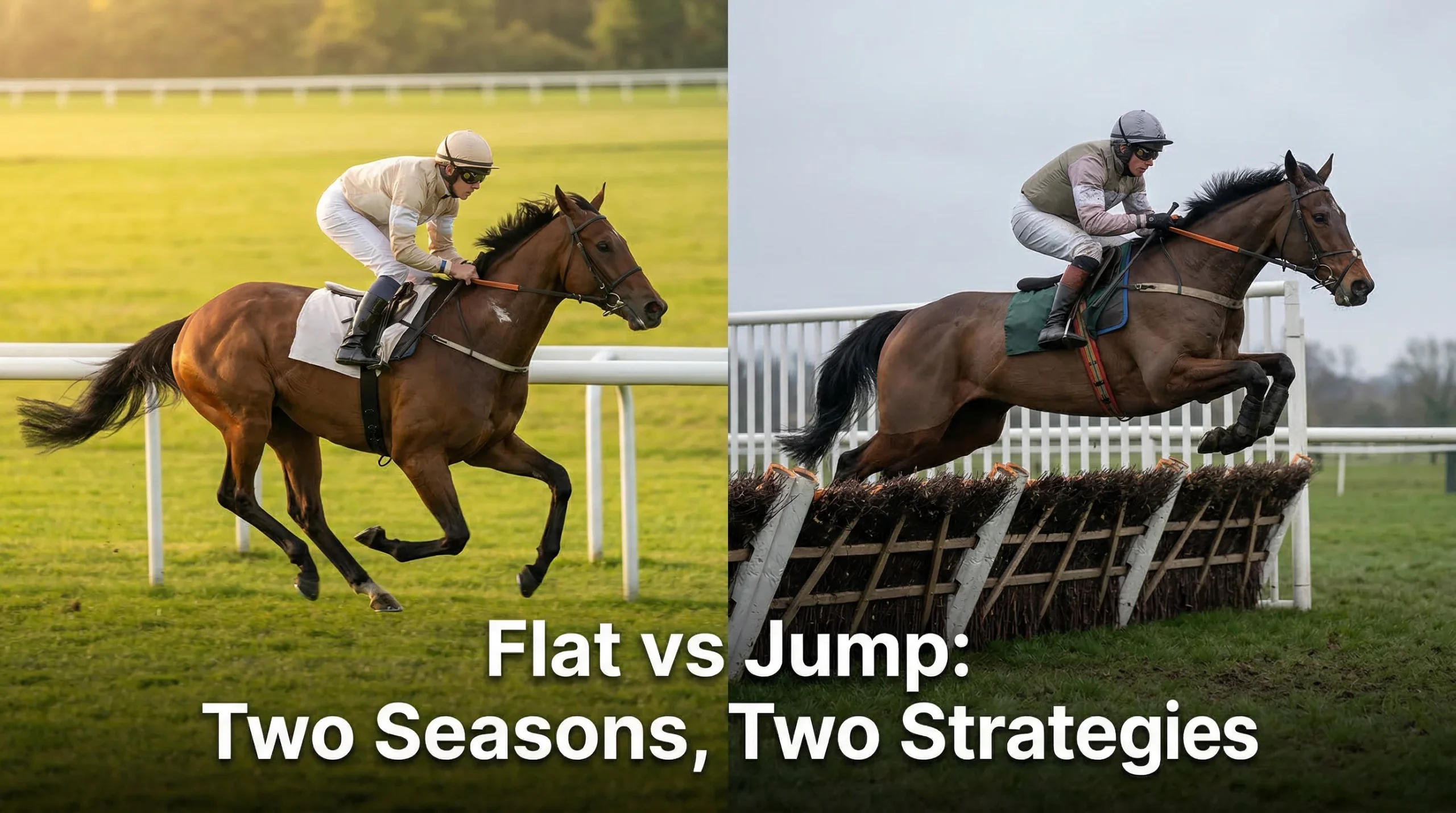 Split scene: a flat racehorse sprinting on turf in summer alongside a jump horse soaring over a fence in winter