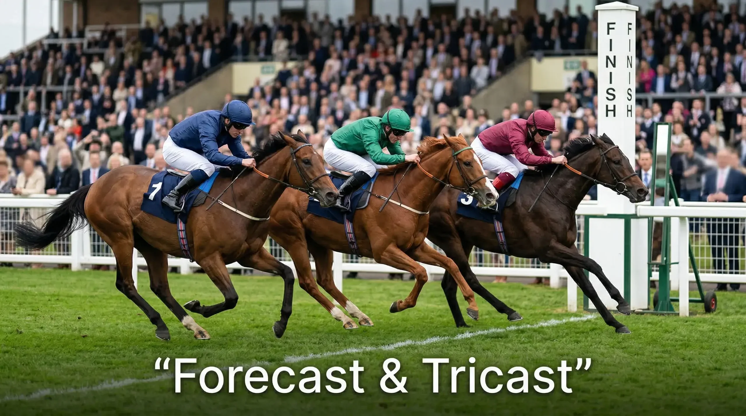 Three racehorses crossing the finish line in tight formation at a UK flat racing track