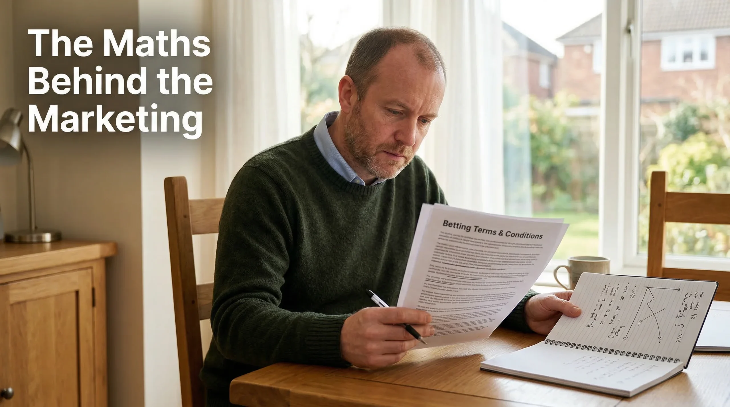 Man reading through betting terms and conditions document at a desk with a pen in hand