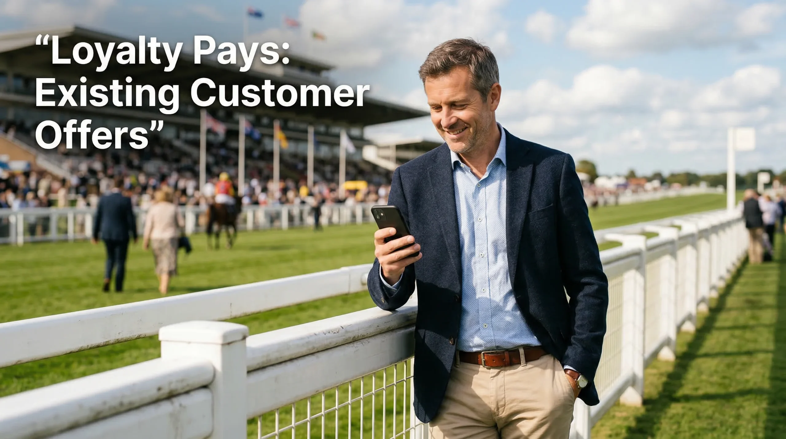 Loyal racing punter receiving a loyalty reward notification on his phone at the racecourse