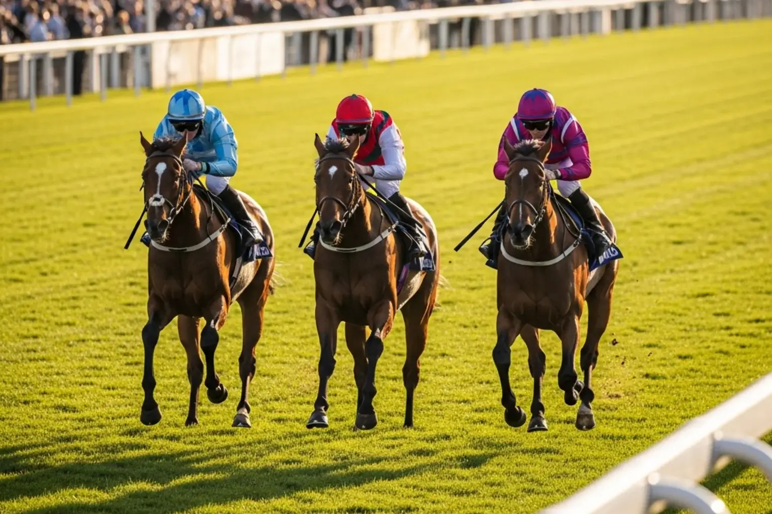Jockeys racing at a British racecourse with green turf and white rails