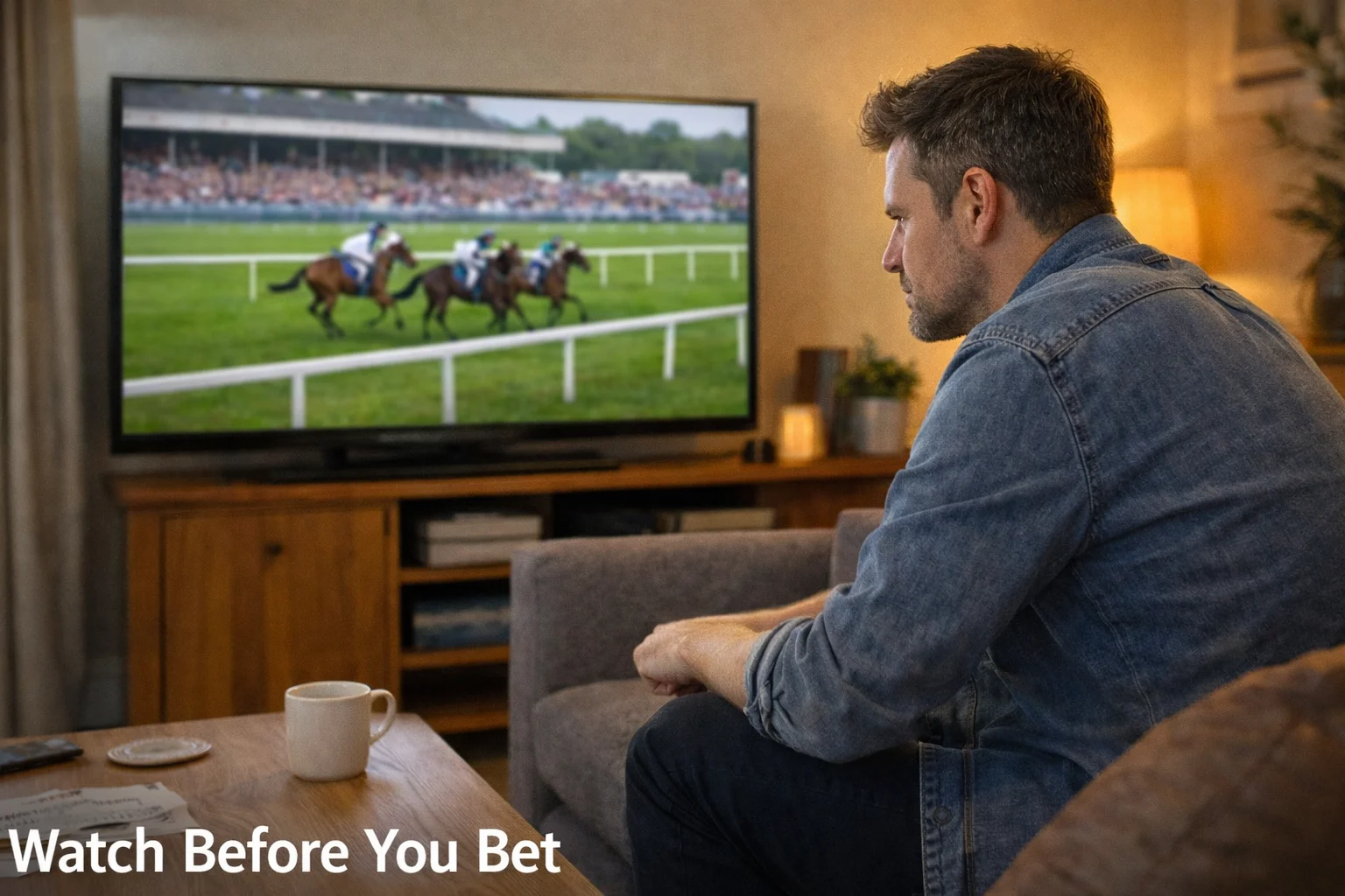 Man watching live horse racing on a large television screen from his living room sofa