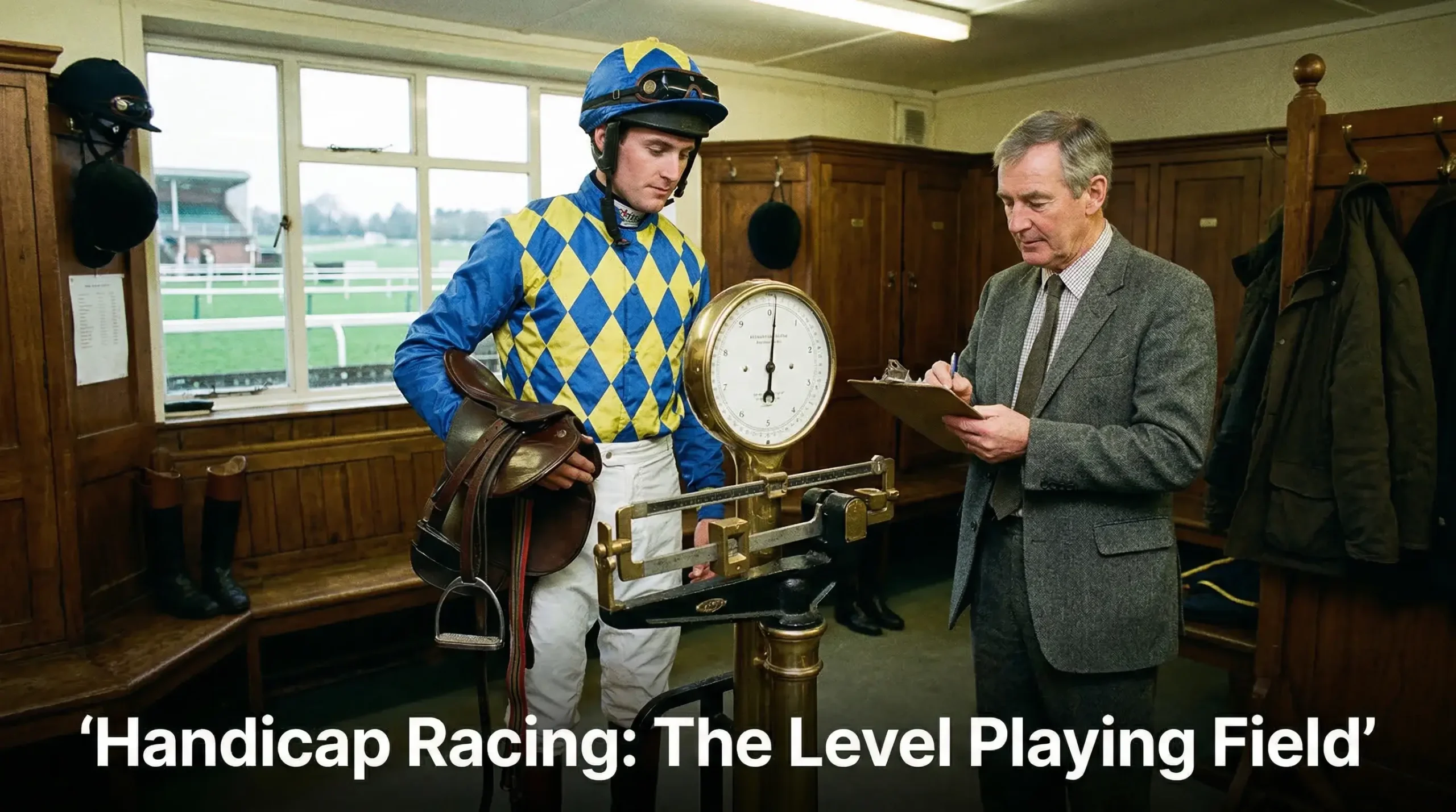 Jockey being weighed in at the scales before a handicap race at a UK racecourse