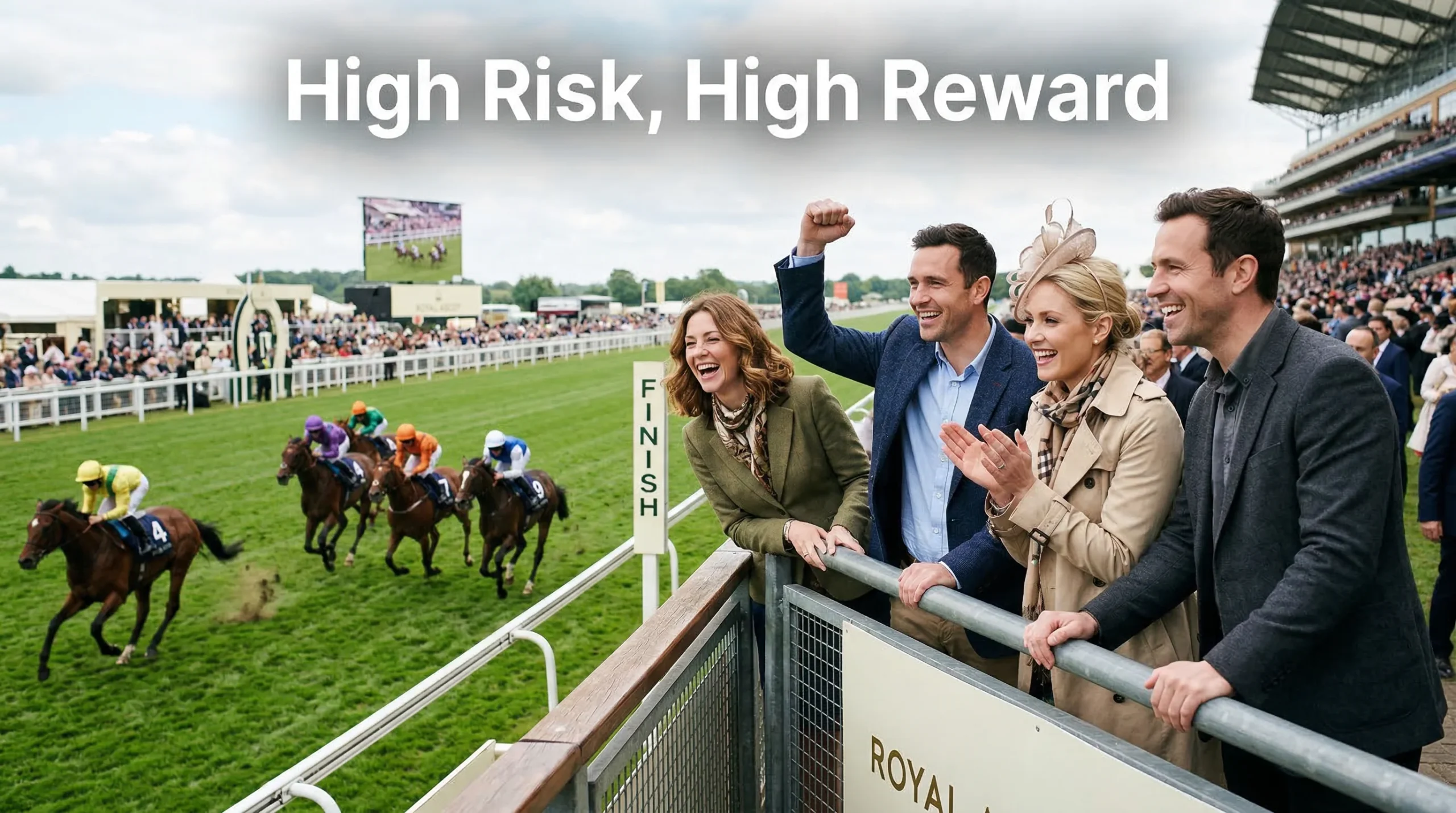 Group of friends cheering at a UK racecourse as multiple horses cross the finish line