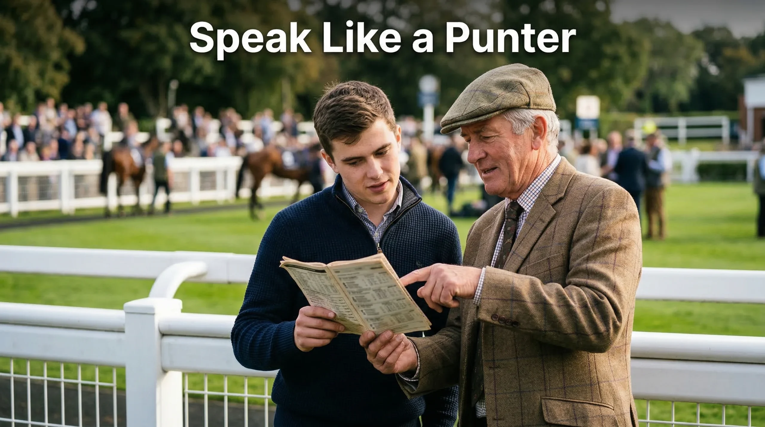 Experienced punter explaining horse racing betting terms to a newcomer using a race card at the racecourse