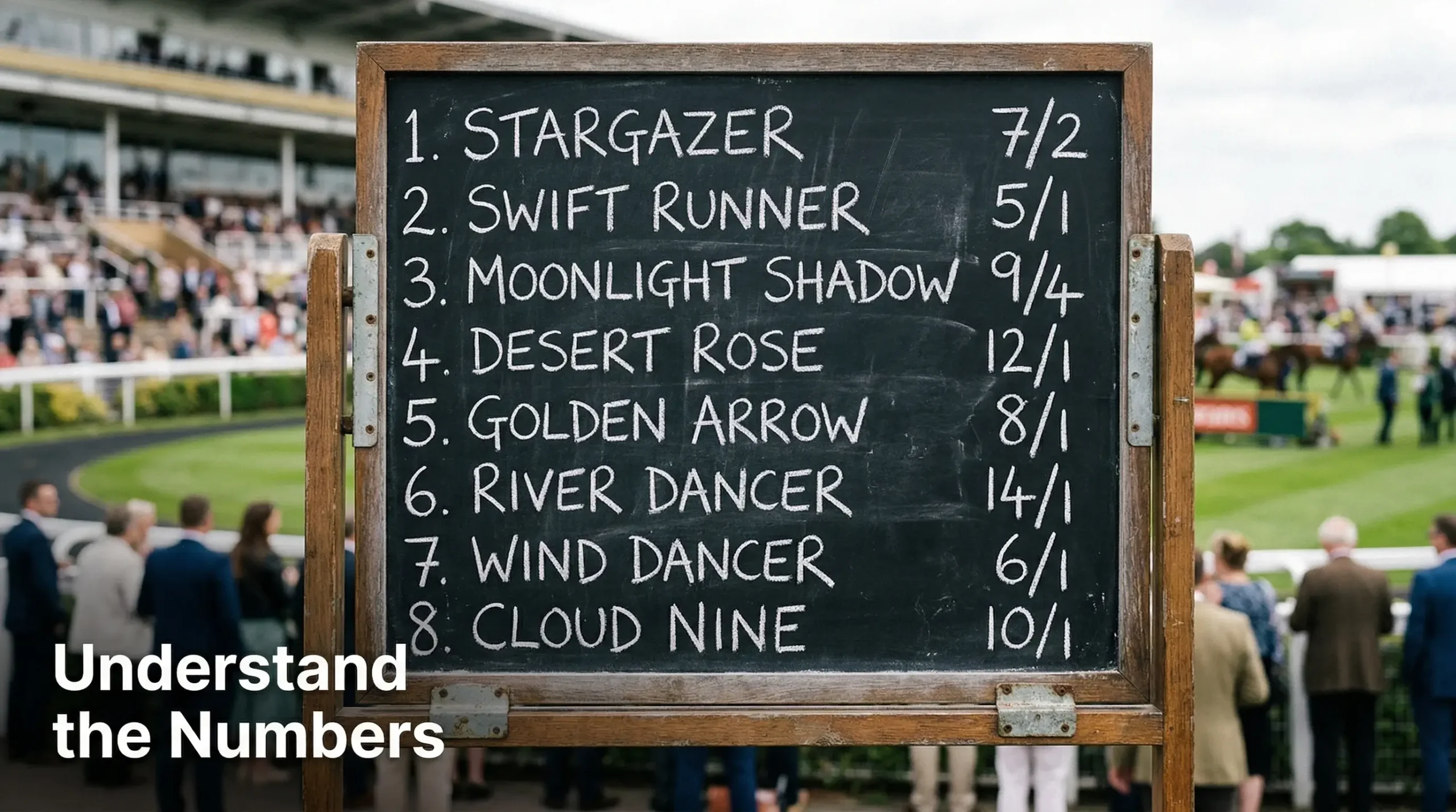 Traditional on-course bookmaker's chalk board displaying fractional odds for a UK horse race field