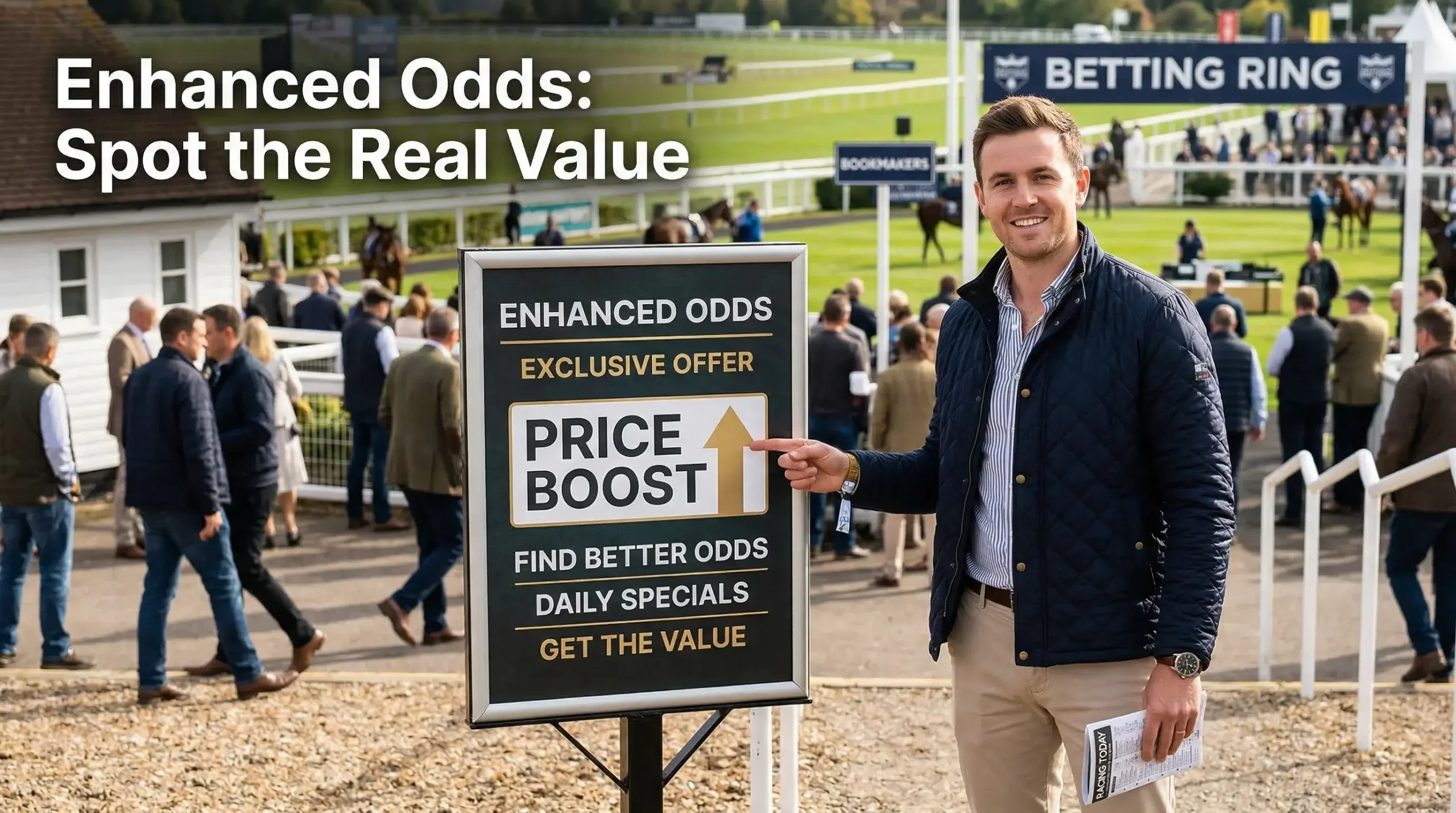 Punter spotting an enhanced odds offer on a bookmaker's promotional board at a UK racecourse