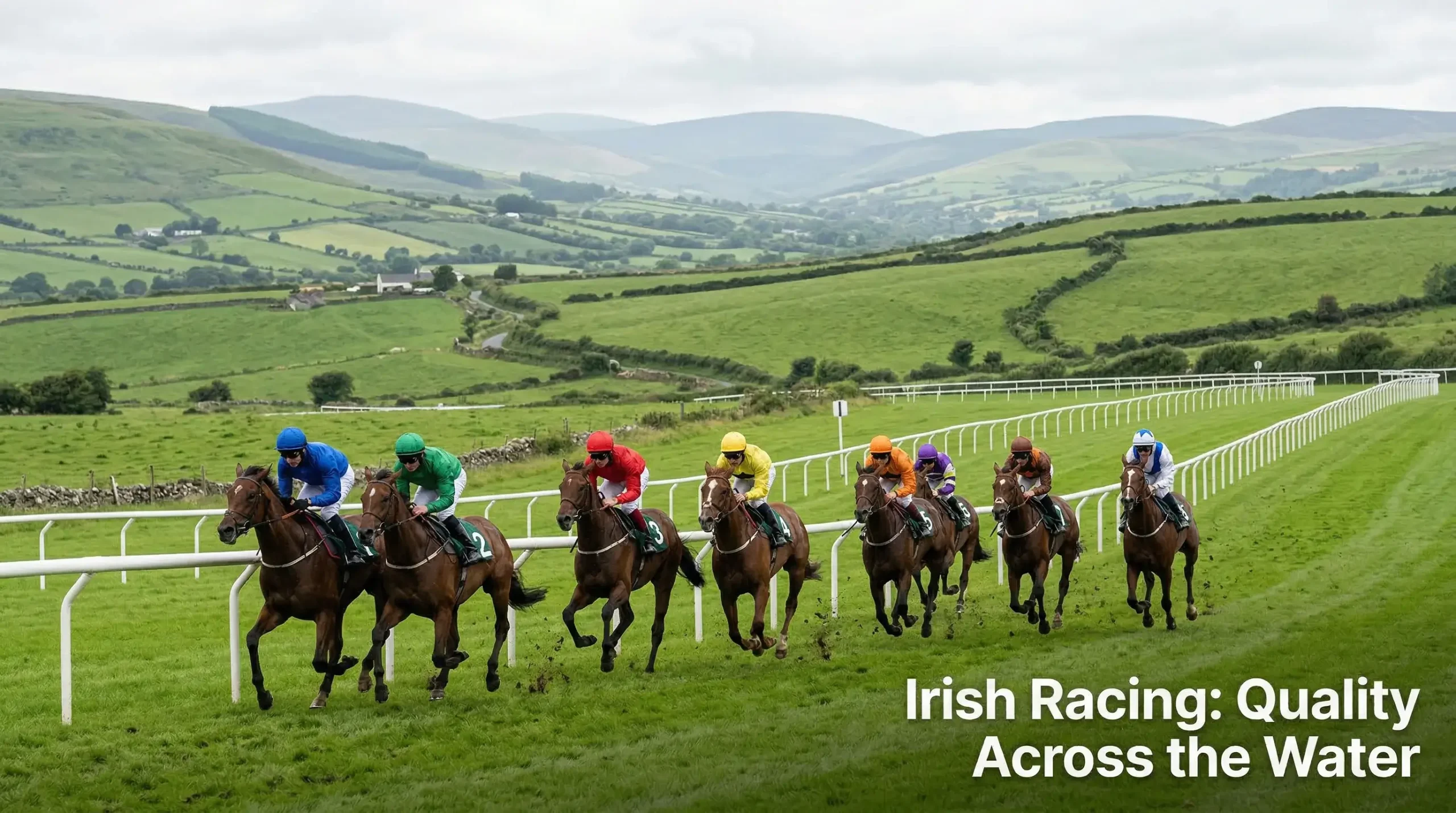 Horses galloping past the iconic green hills at an Irish racecourse on a bright overcast day