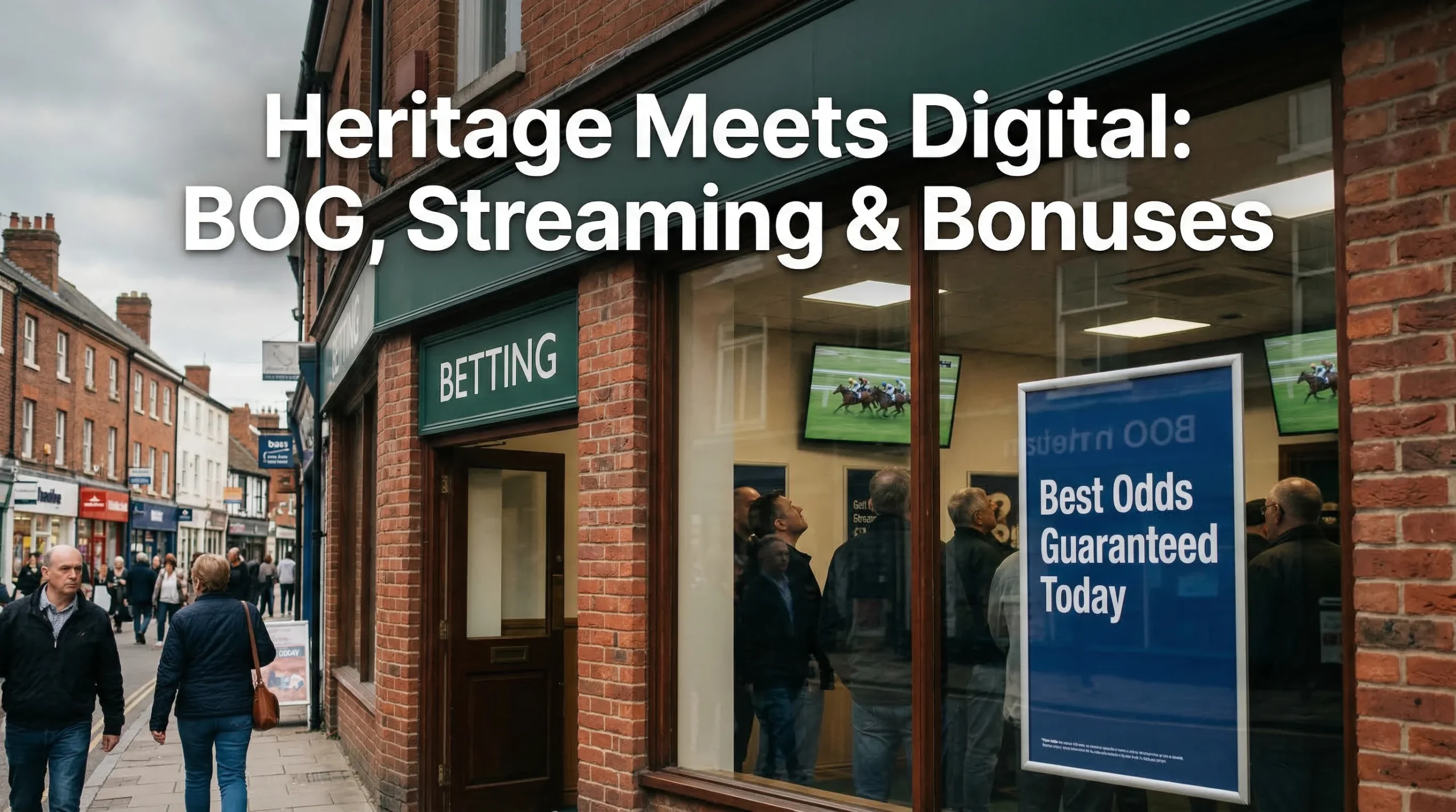 Classic British high street betting shop exterior on a race day with customers visible through the window