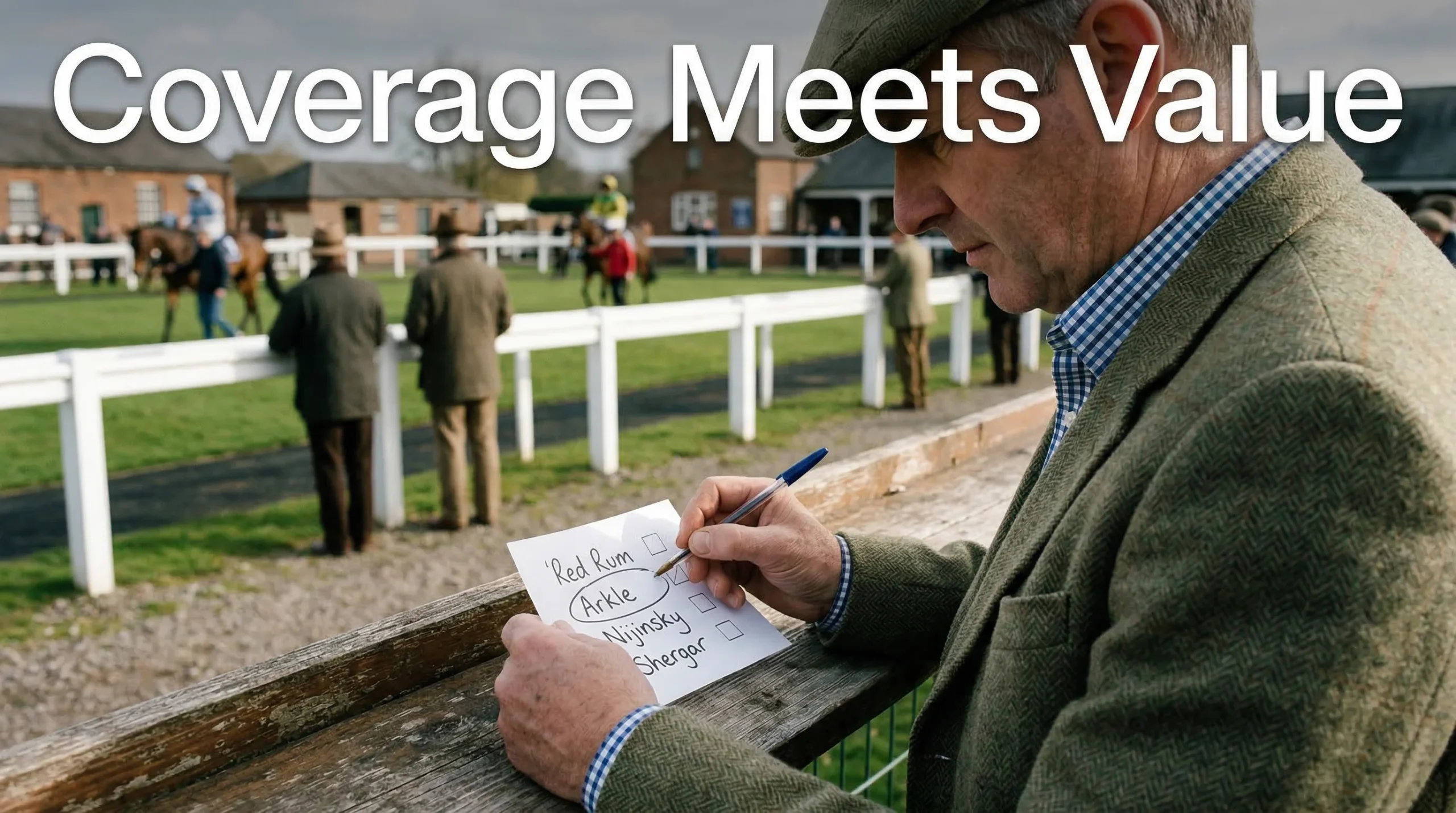 Punter studying a Lucky 15 betting slip with four horse selections written on it at a racecourse