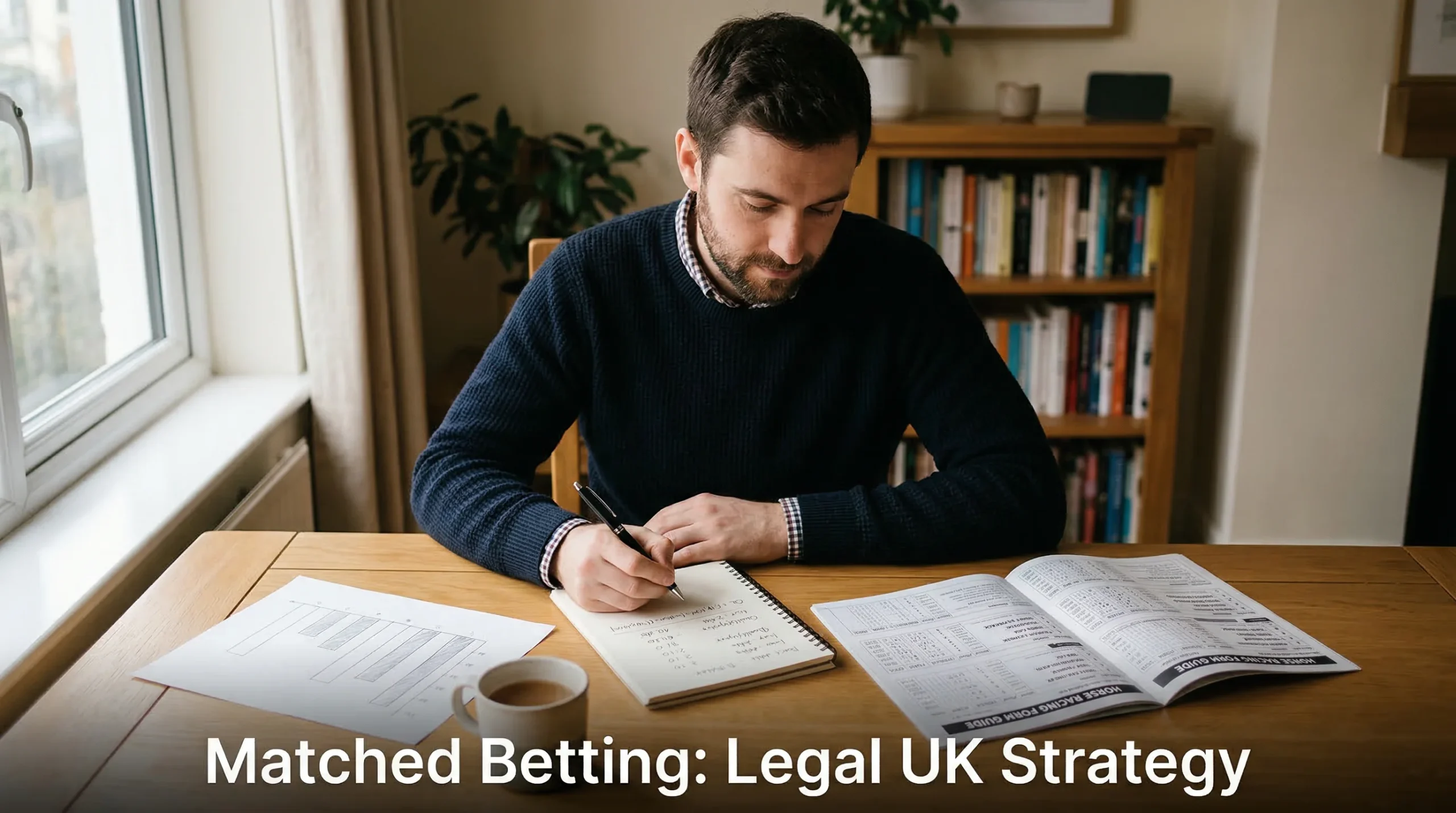 Man reviewing matched betting calculations with a notepad and racing form guide
