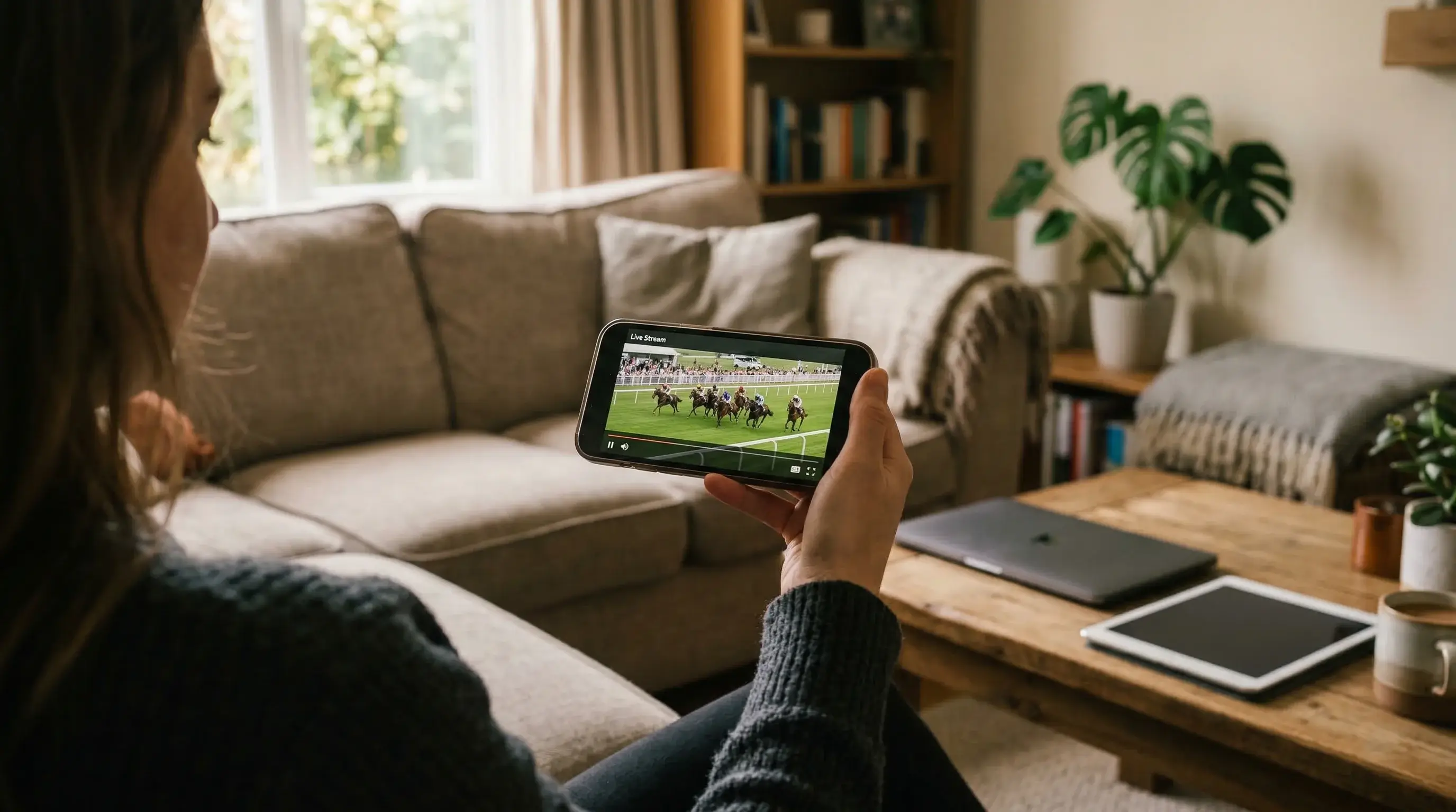Close-up of hands holding smartphone with horse racing live stream