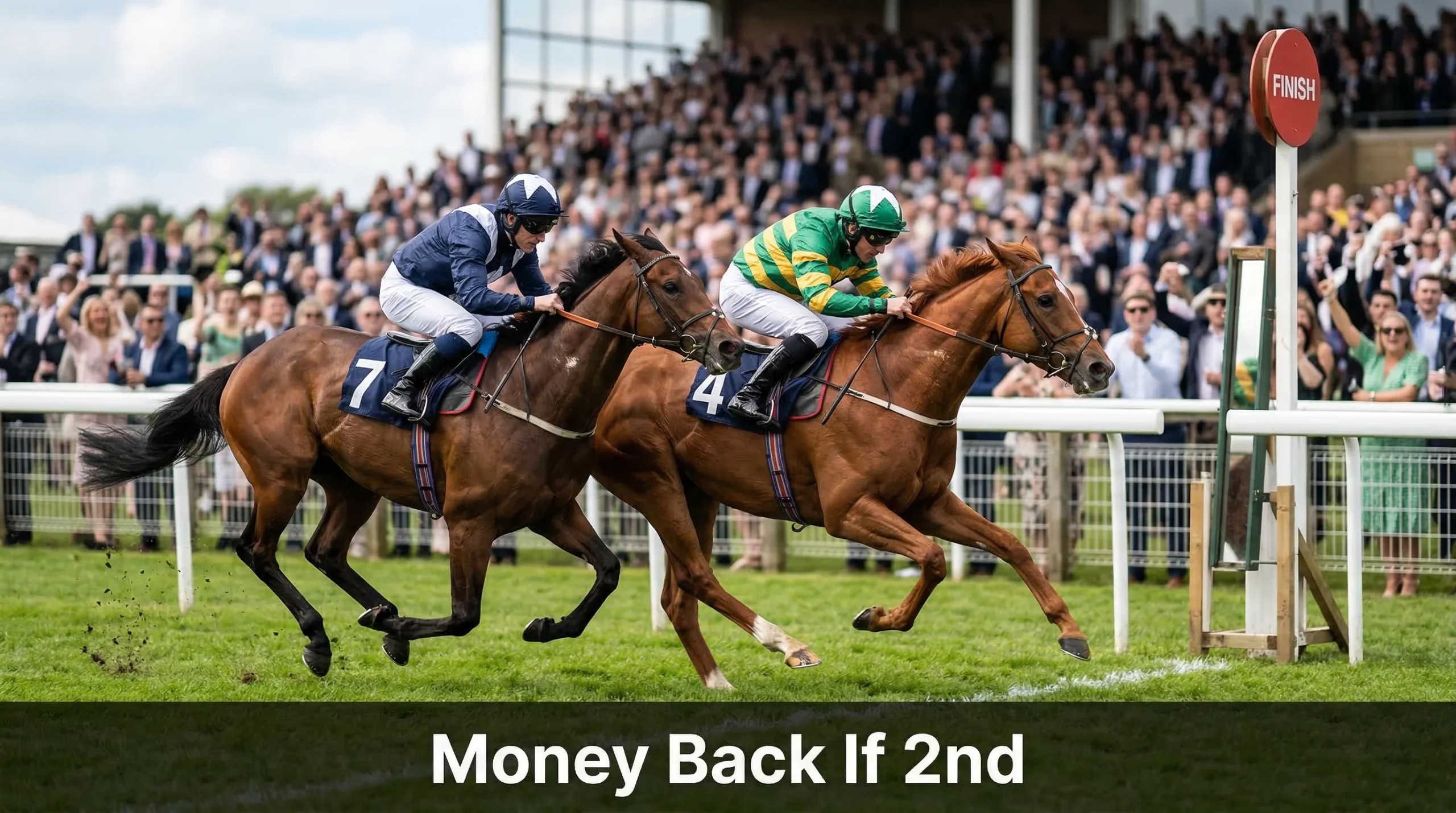 Racehorse finishing a close second by a nose at a UK racecourse finish line