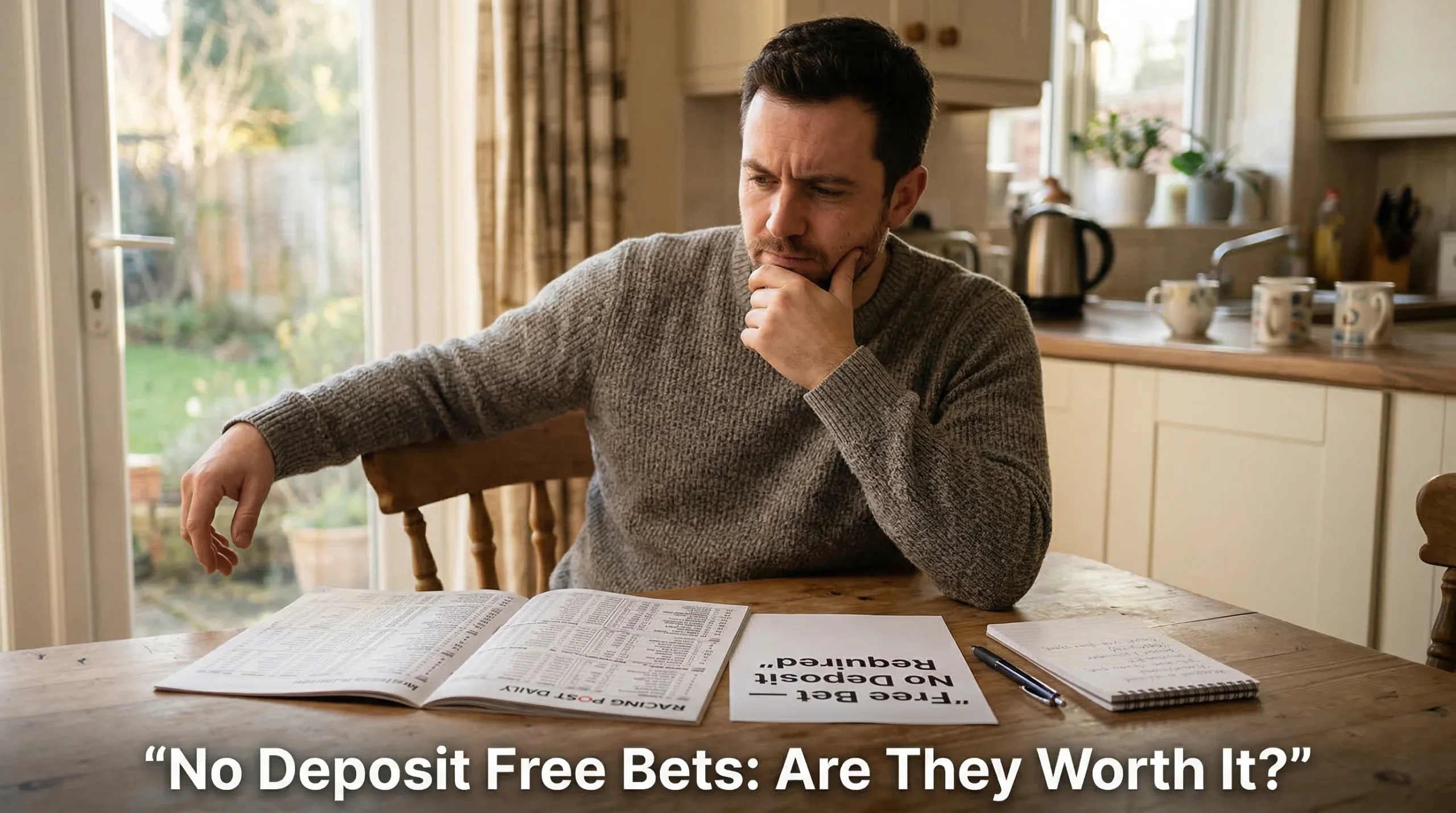 Thoughtful punter weighing up a no deposit free bet offer with a horse racing form guide open on the table