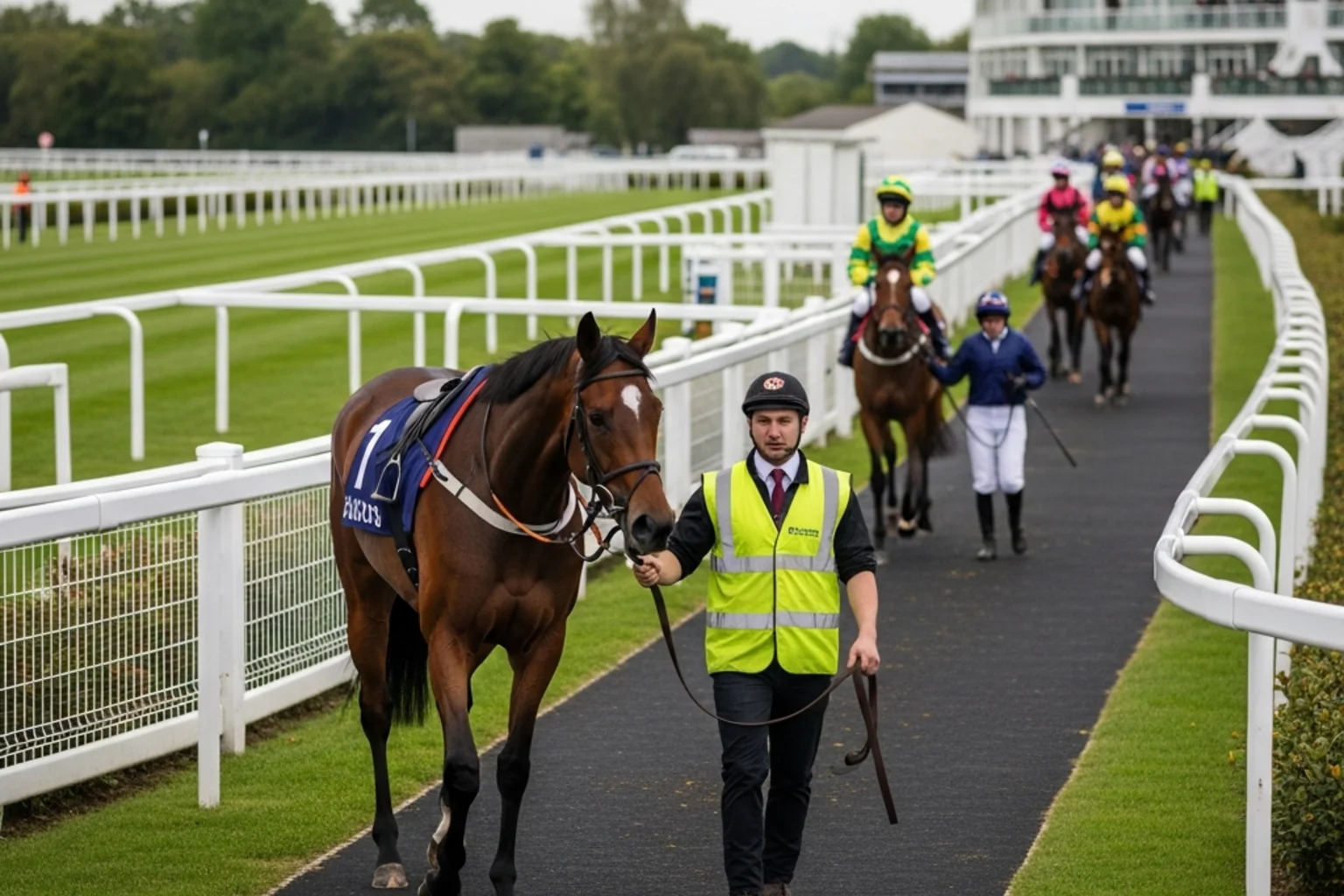 Racehorse being withdrawn from the paddock by its handler as the race field heads to the starting stalls