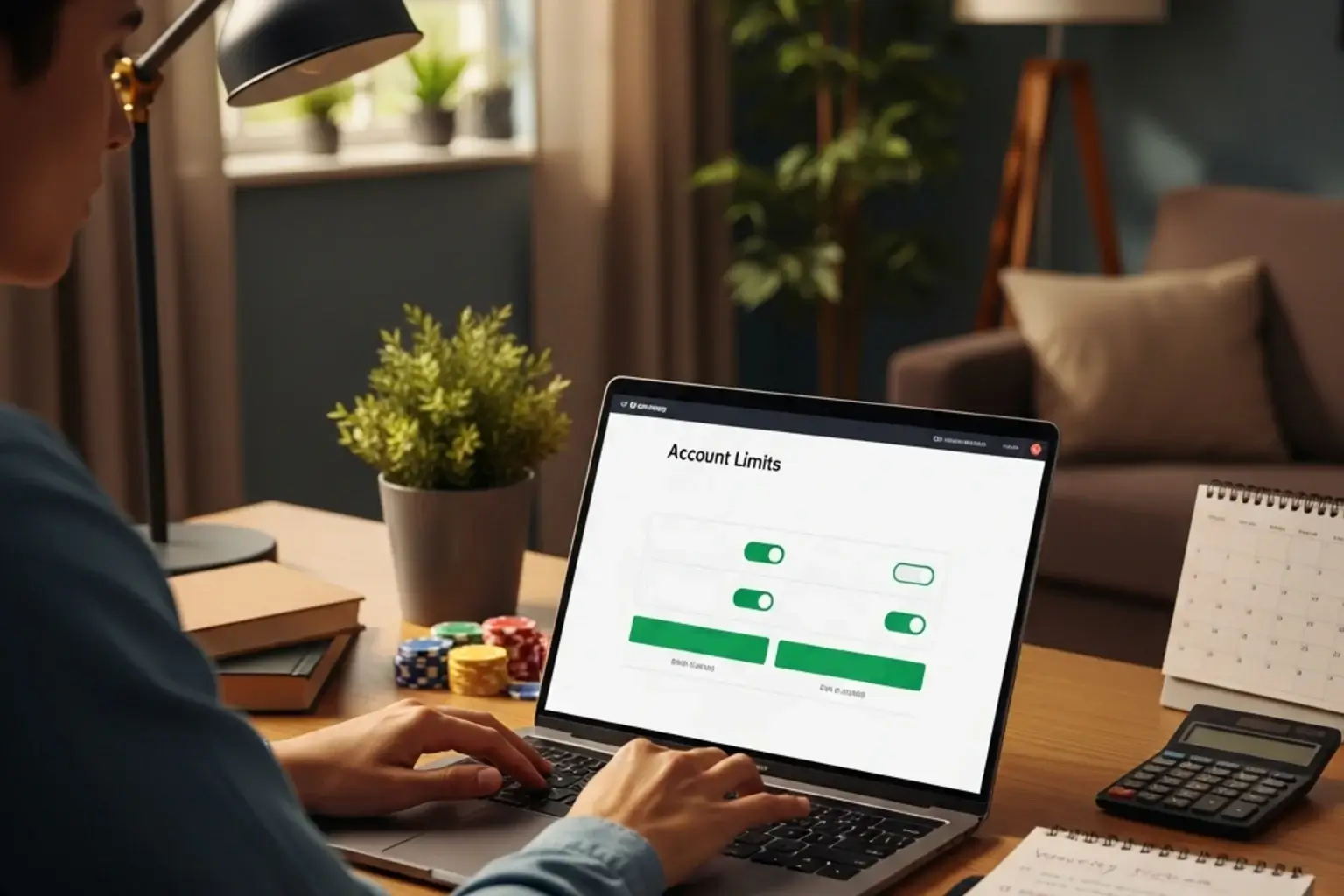 Person reviewing betting account limits on laptop in home setting