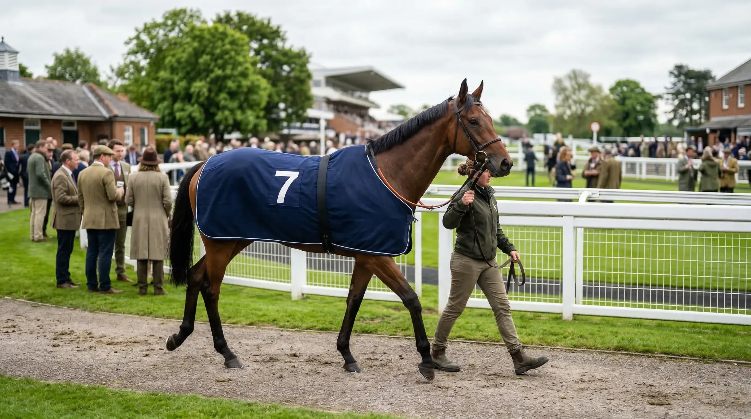 Horse being led away from the racecourse paddock before a race at a UK trackv