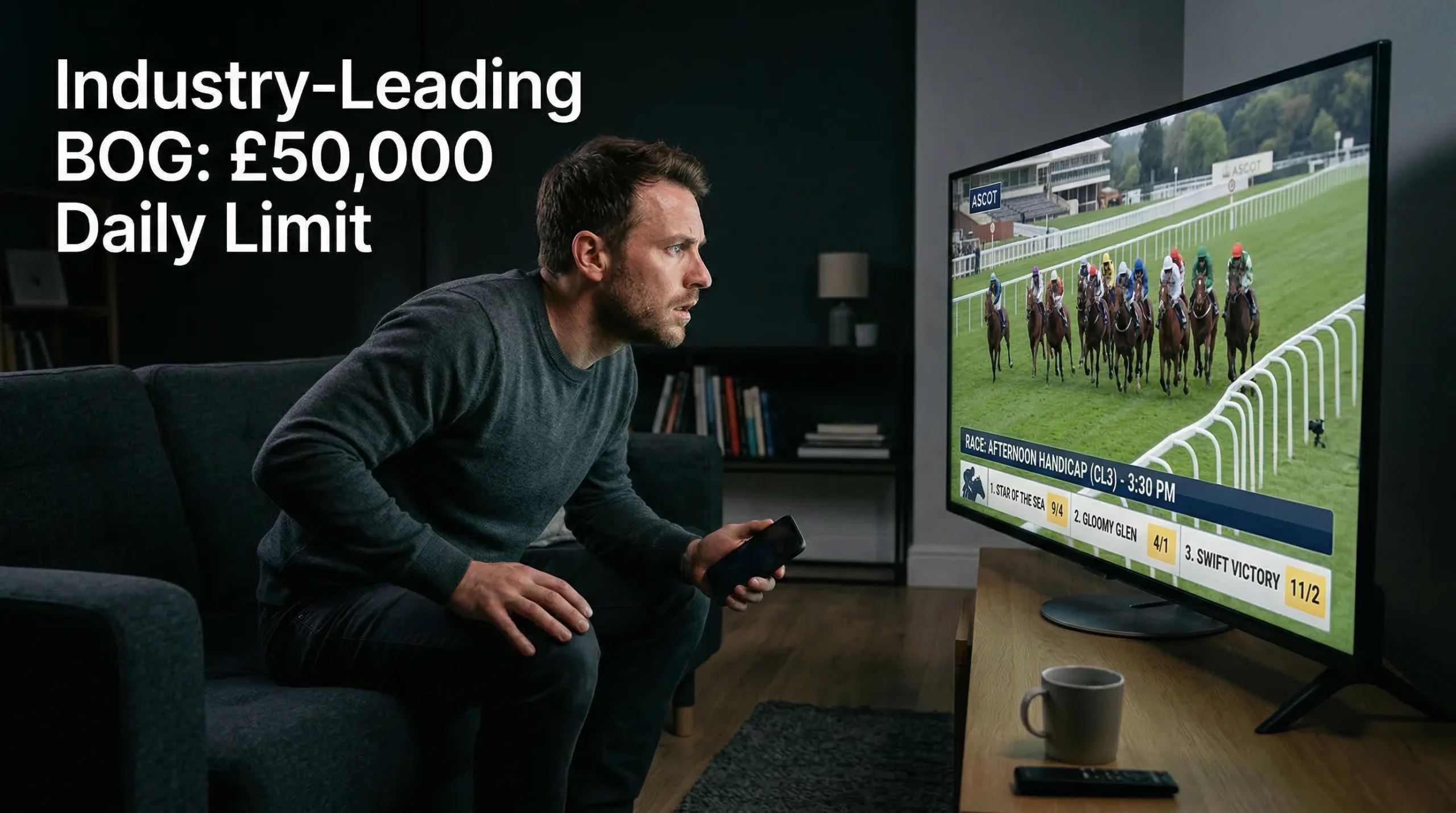 Punter watching Sky Sports Racing on a large screen while following a live horse race with interest