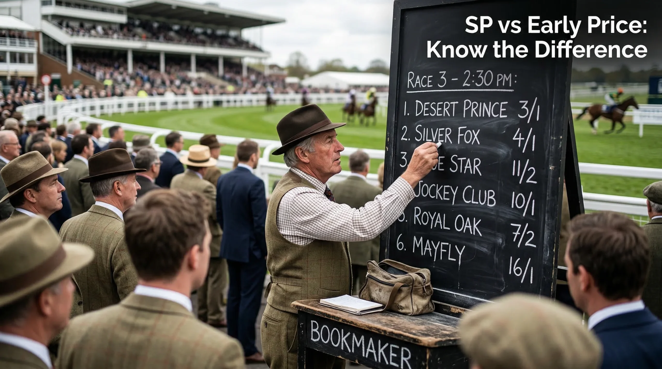 Bookmaker adjusting odds on a traditional racecourse board shortly before a race goes off