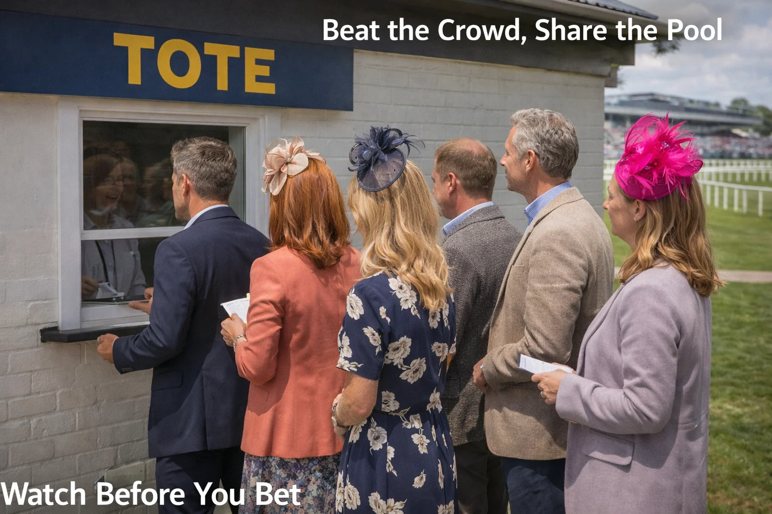 Queue of racegoers at a Tote betting window at a busy UK racecourse on a sunny afternoon